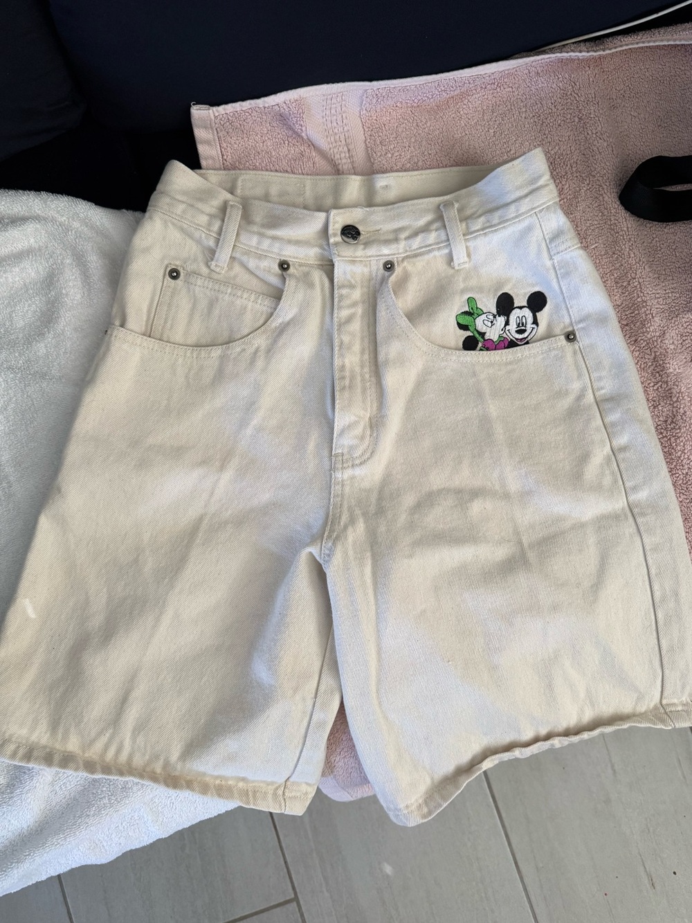 Disney White Denim Shorts with Mickey & Minnie Pocket Embroidery